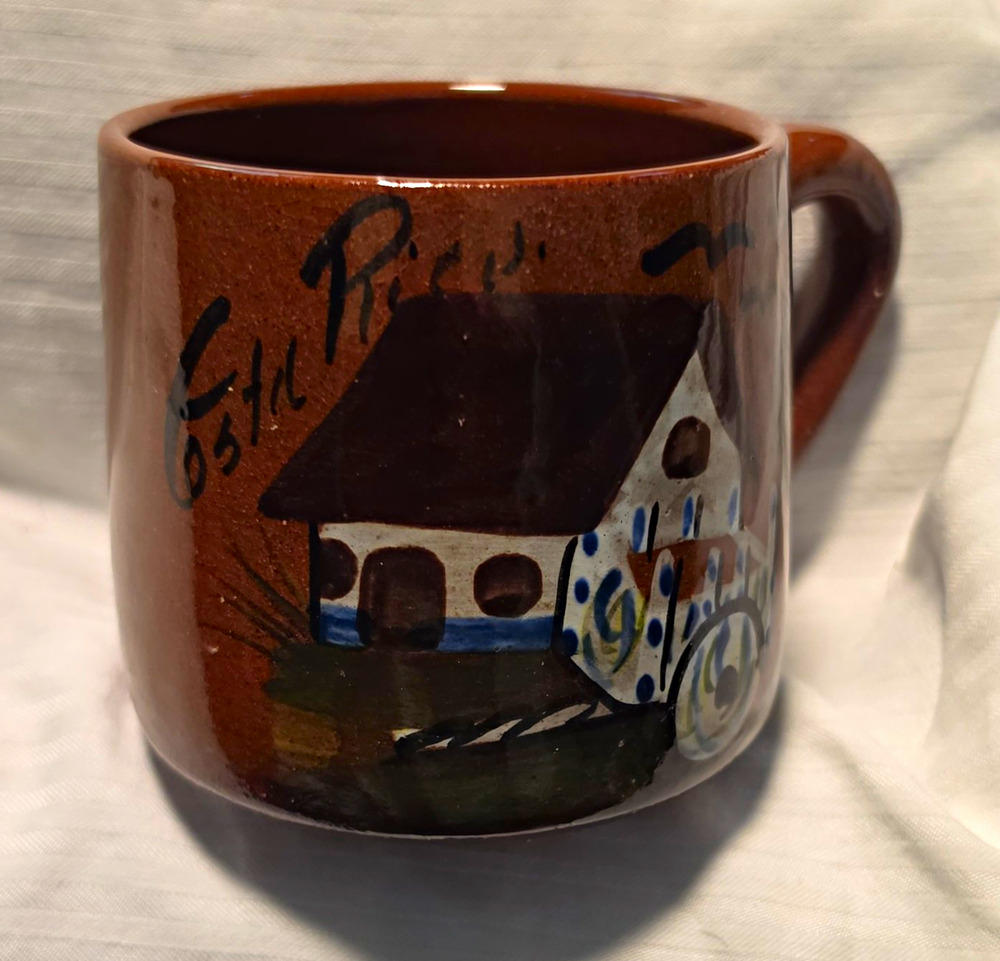 Handmade Brown Pottery Mug Costa Rica Hand-Painted House Scene 3"